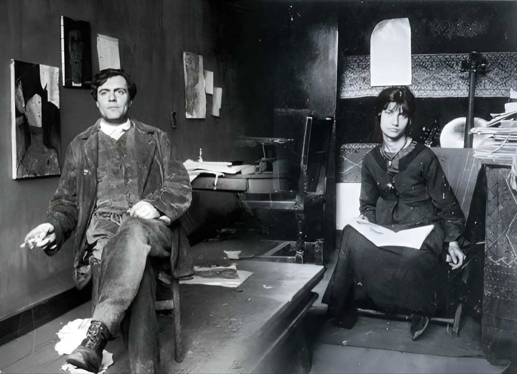 Amedeo Modigliani and Jeanne Hebuterne in Modigliani's studio in Paris